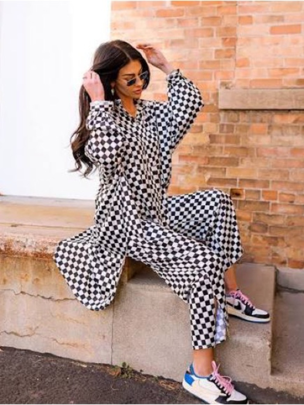 Dressed in LALA Lala Satin Playsuit Set in Checkerboard - L